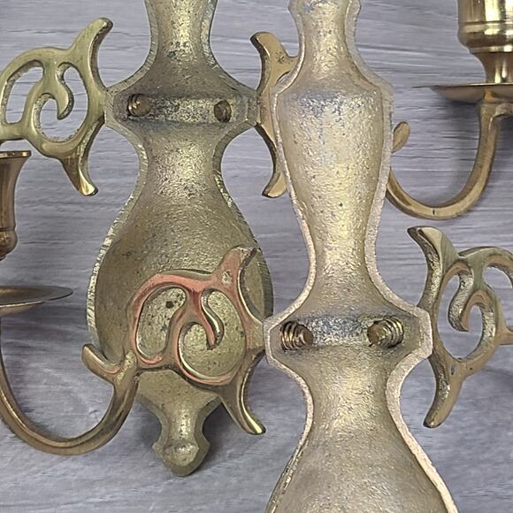 Solid Brass Ornate Wall Sconce Double Candlestick Holders Set of 2 - Picture 7 of 10